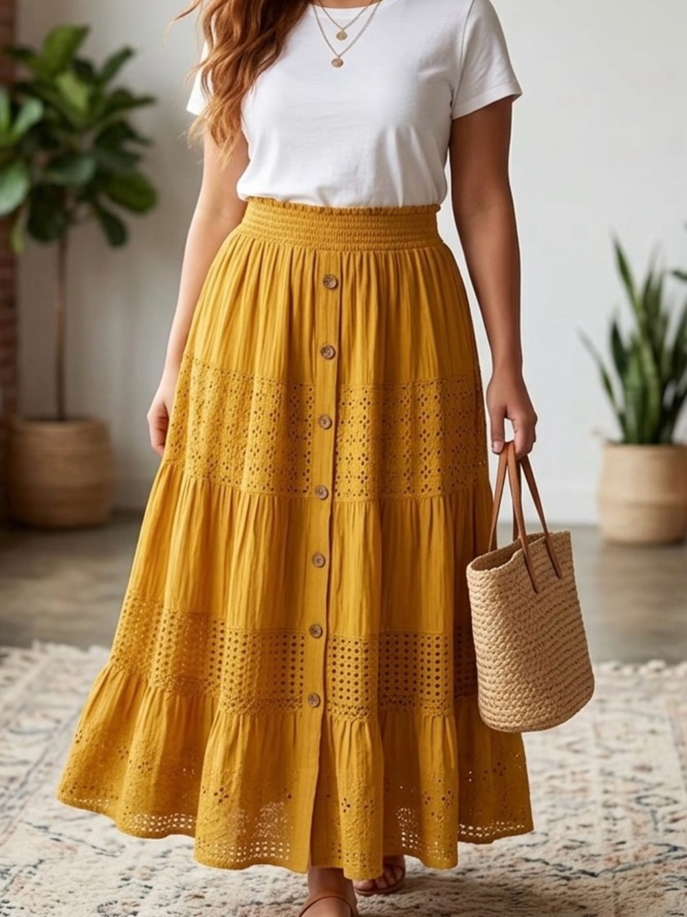 NAOO Nation AK Outfits Boho Smocked Eyelet Maxi Dress M Mustard Yellow Peasant